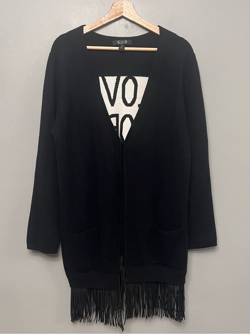 A.Z.I. Long Black “Love More” Cardigan W/ Faux Leather Fringe Medium Streetwear